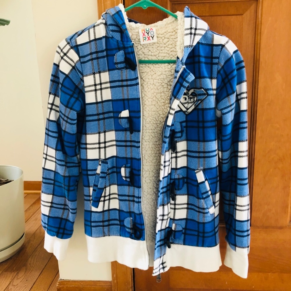 Roxy blue and white sherpa fleece hoodie jacket